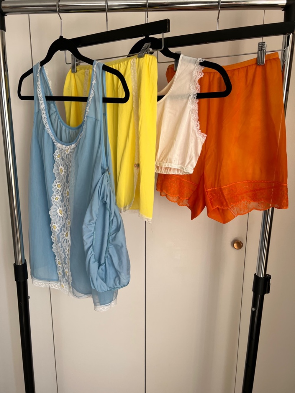 Vintage Sleepwear Set in Blue, Yellow mini 1/2 slip/ Orange bloomers & sleep top